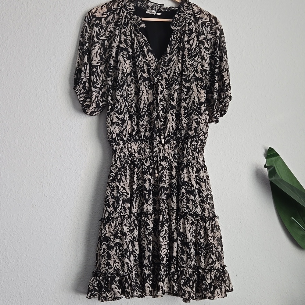 Entro Elegant Black Patterned Tiered Mini Short Dress Bohemian Boho Western - Picture 4 of 12